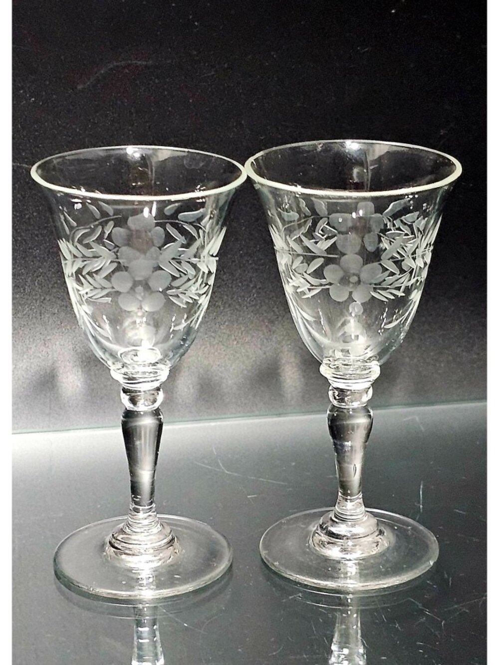 2 Vintage Floral Cordial Glasses 4.25" elegant etched Romantic cocktail stemware